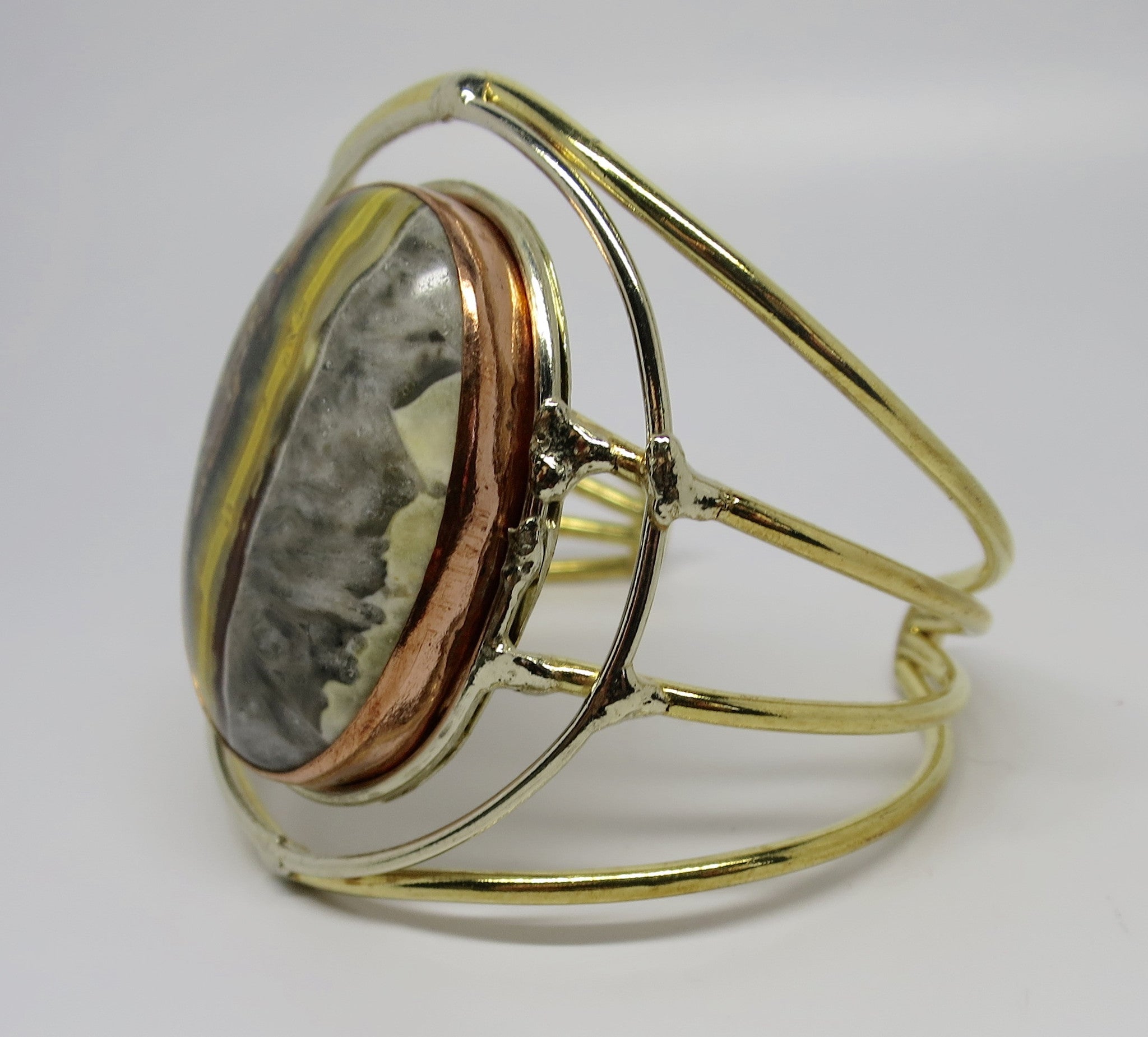 Allura Power Gems- Golden Brass Bumble Bee Jasper Wire Cuff Bracelet - Pretty Princess Style
 - 2