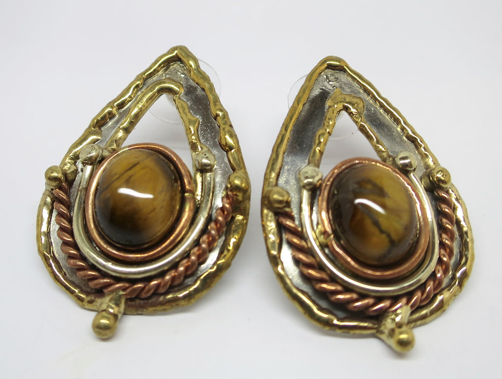 Allura Power Gems- Tiger's Eye Teardrop Brass & Copper Earrings - Pretty Princess Style
