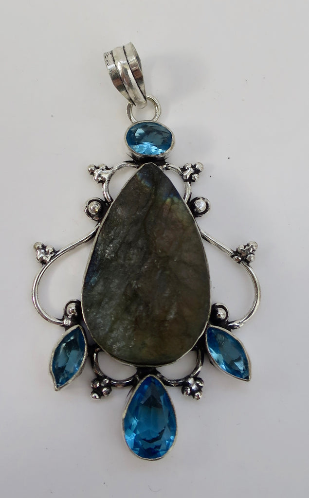 Raw Labradorite W Blue Quartz Sterling Silver Pendant - Pretty Princess Style