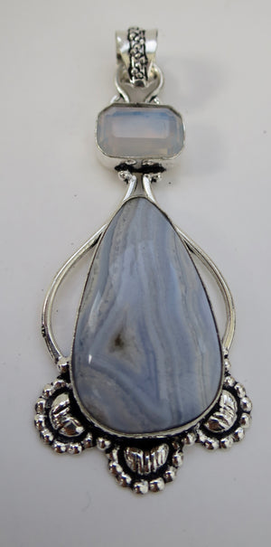 Blue Lace Agate & Moonstone Sterling Silver Pendant - Pretty Princess Style