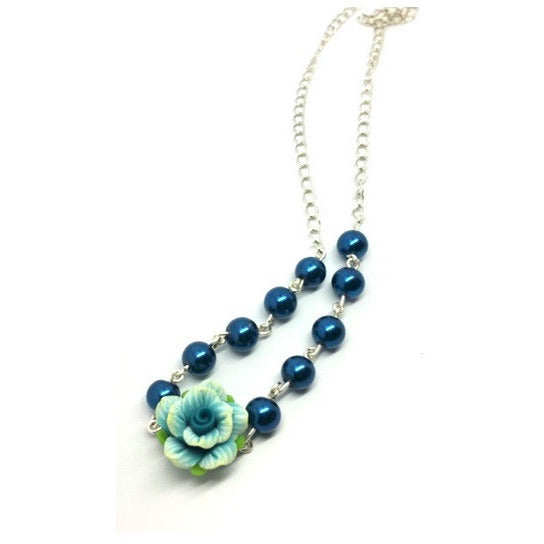 Tranquil Blue Rose & Pearl Necklace - Pretty Princess Style