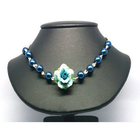 Tranquil Blue Rose & Pearl Necklace - Pretty Princess Style