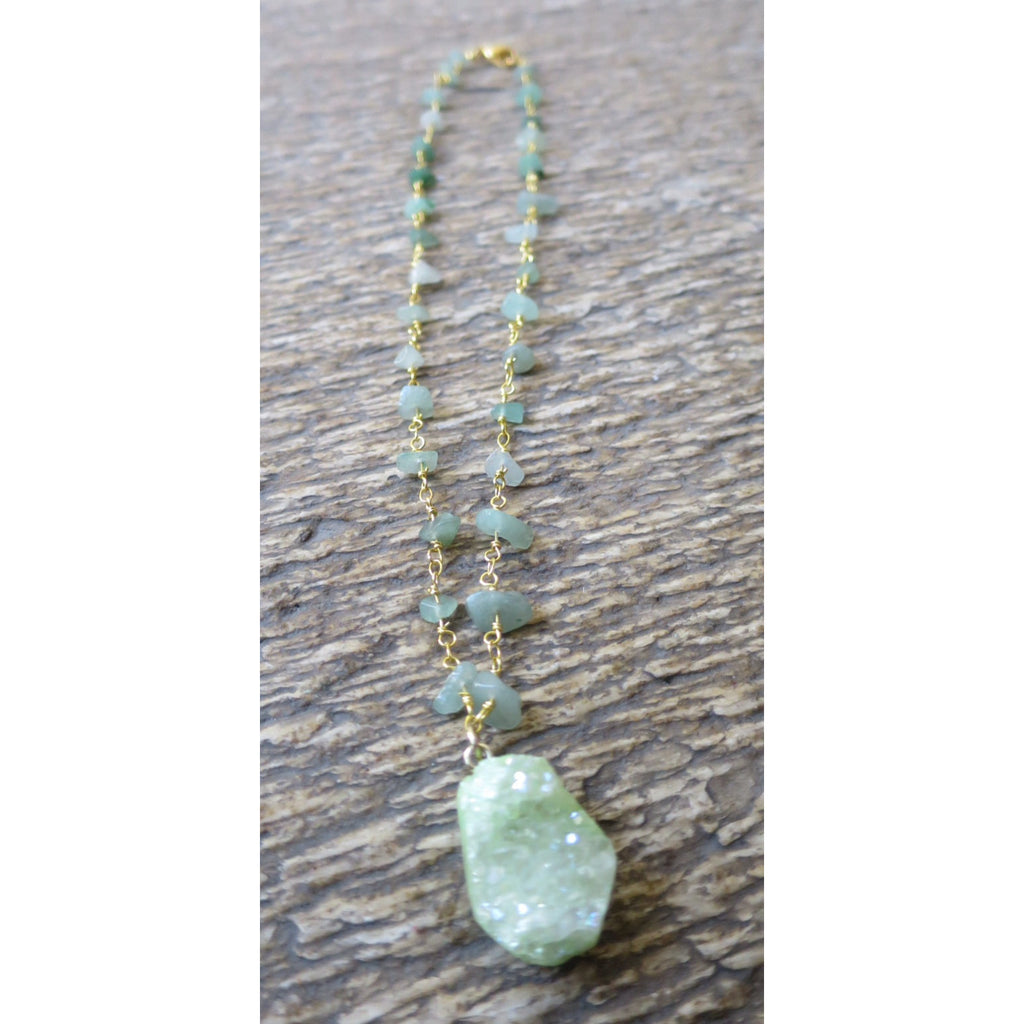 Green Druzy Pendant On Aventurine Chip  Wire Wrapped Neckchain - Pretty Princess Style